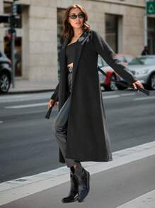 SHEIN Tall Tall Women's Open Lapel Collar Coat - Black - View 3