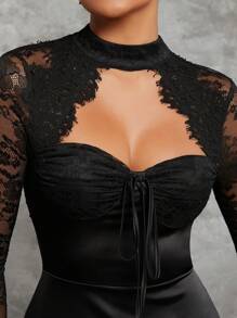 Hauture 黑色蕾絲邊長袖迷你派對裙 - 黑色 - 查看 8