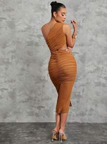 Hauture Đầm bodycon hở lưng cổ bất đối xứng màu trơn mùa hè cho nữ - Lạc đà - Xem 2