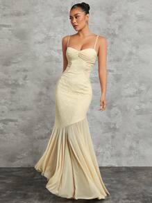 L'Amorae 對比蕾絲褶皺胸部美人魚擺束肩裙