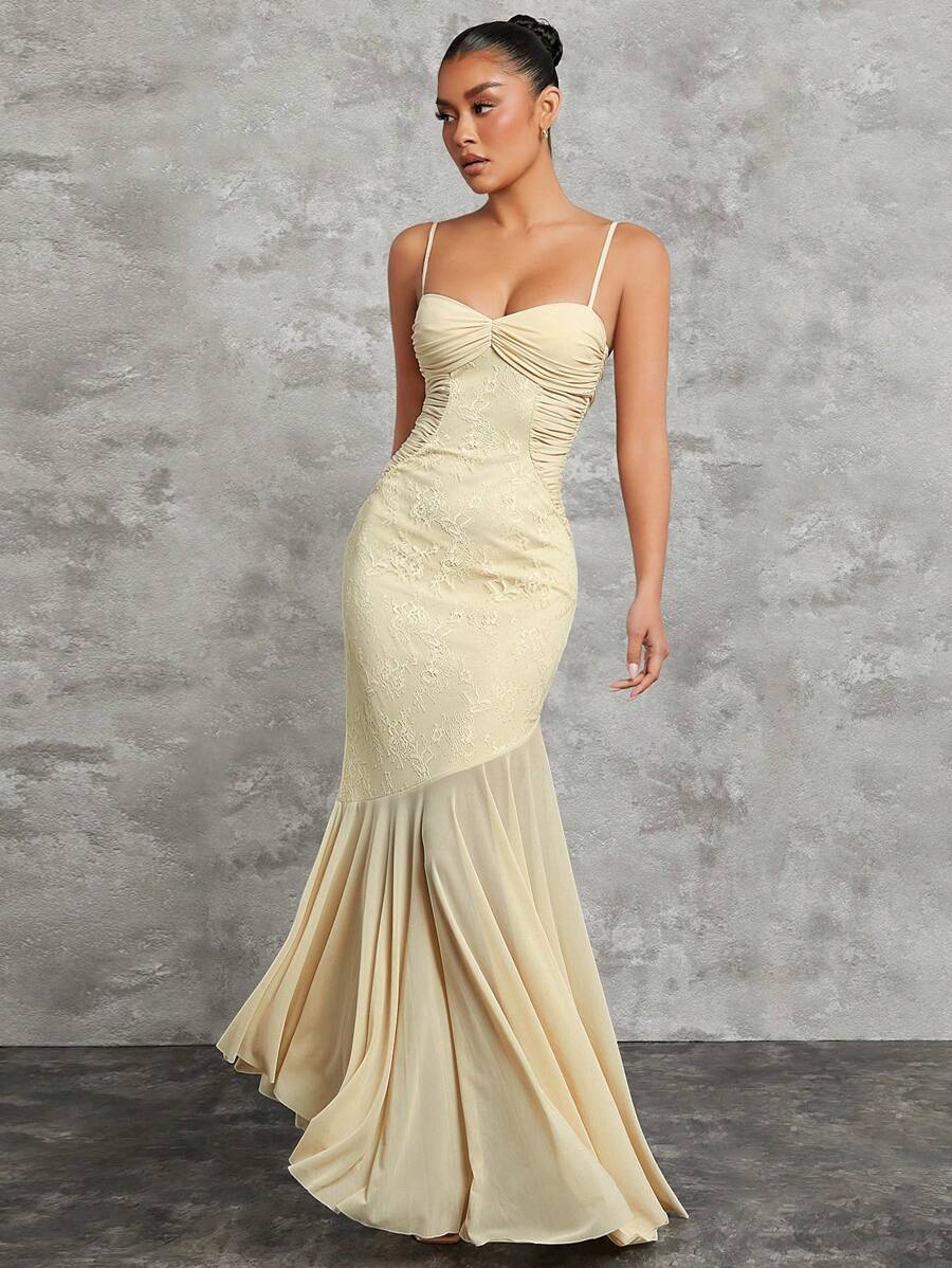 L'Amorae 對比蕾絲褶皺胸部美人魚擺束肩裙