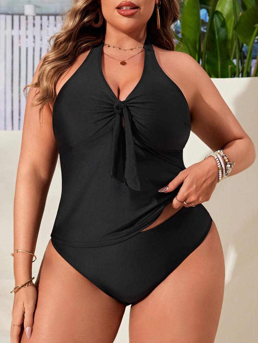 SHEIN Swim Curve Plus Knot Front Halter Tankini, Plus Size Swimwear Summer - Black - View 1