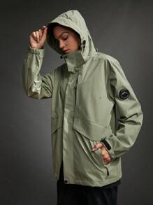 SHEIN Sports Patched Detail Zip Up Hooded Windbreaker Sports Jacket - Army Green - View 5