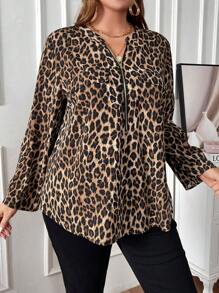 Miaspire Plus Leopard Print Roll Tab Sleeve Blouse - Multicolor - View 5