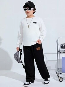 SHEIN Kids' & Tween Boys' Extended Size Loose Fit Straight Leg Knitted Pants, Casual With Patchwork - Black - View 3