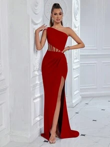 ADYCE 女士优雅单肩露腰镂空前开衩拖地派对礼服，适合舞会、生日派对、晚宴、约会、返校节派对、婚礼宾客、正式晚宴、家庭聚会等场合