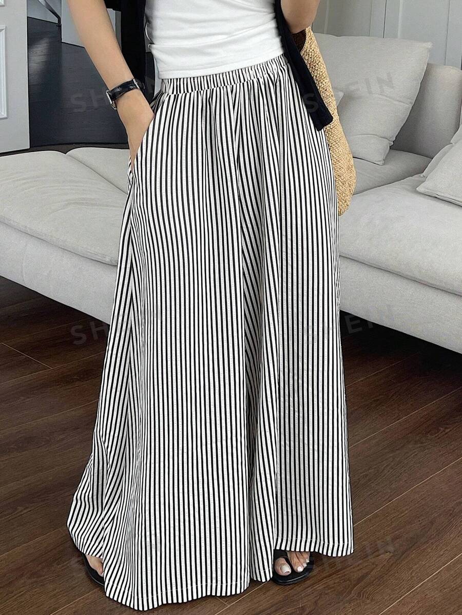 DAZY Pantalones de pierna ancha con estampado a rayas, bolsillos y cintura elástica para mujer en verano