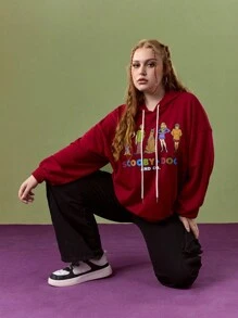 SCOOBY-DOO X SHEIN 大码秋季休闲复古学院风红色卡通狗与字母图案宽松针织连帽衫