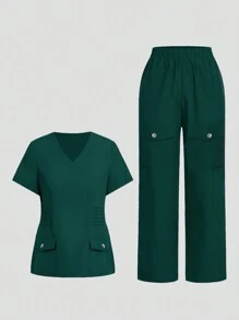 TaskEZ V Neck Top & Detachable Flap Pocket Cargo Pants Scrub Uniform Sets - Army Green - View 12