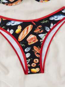 SHEIN Swim Summer Beach Food Print Contrast Binding Push Up Bikini - Red - View 3