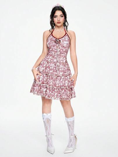 Fairycore Women Renaissance All-Over Print Palace Retro Ruffled Summer Cami Dress