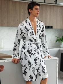 Men Floral Print Belted Sleep Robe - Black and White - View 1