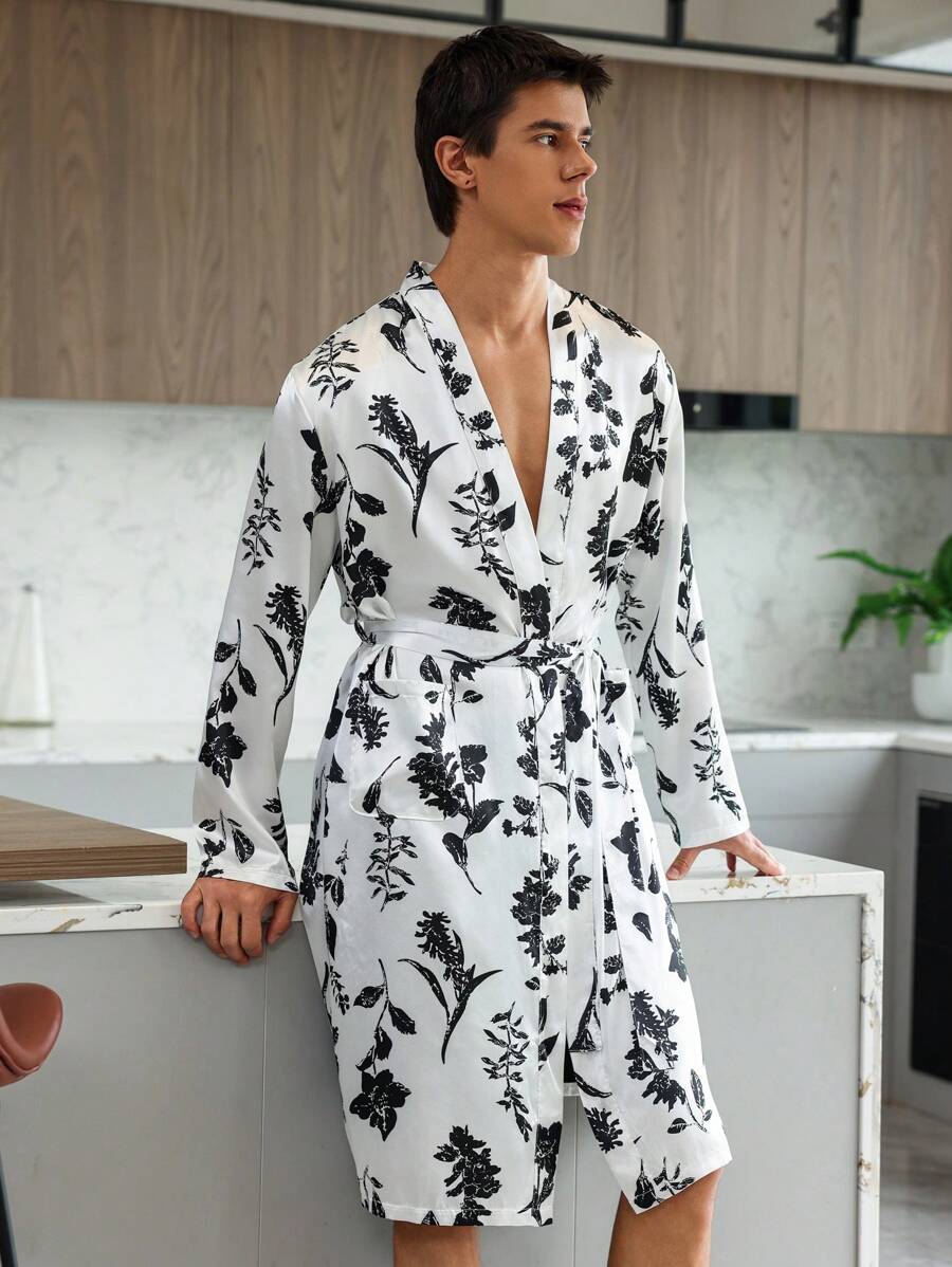Men Floral Print Belted Sleep Robe - Black and White - View 1