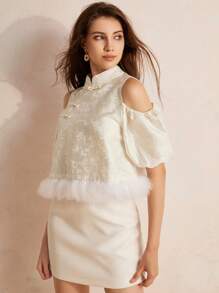 Aveloria Rosie Random Chinese-Style 3D Texture Jacquard Buckle Feather Open Shoulder Short Sleeve Women's Shirt