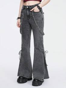 ROMWE Grunge Punk Punk Metal Rivet Jarretel Jeans Met Kruisversiering, Leuke Strik, Schedelborduurwerk En Bell-Bottom Design Voor Vrouwen, School