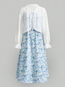 Seusyu Ladies' Solid Color Sheer Outerwear And Printed Dress, Simple Everyday 2-Piece Set - Blue - View 2