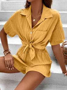 SHEIN LUNE Áo sơ mi và quần short có túi trễ vai cho kỳ nghỉ hè - Màu vàng - Xem 3