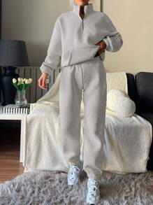 EURMUSE Half Zip Drop Shoulder Sweatshirt & Sweatpants - Light Grey - View 4