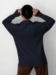 EURMUSE Solid Color Drop Shoulder Half-placket Sweater - Navy Blue - View 2