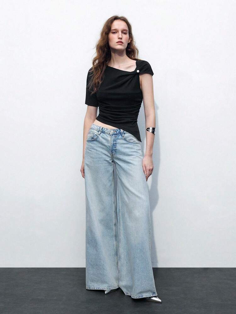 SHEIN Maija Women's Asymmetrical Neck Metal Accent Gathered Waist Slim Fit T-Shirt For Back To School