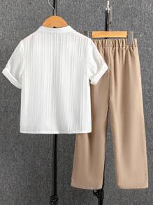 男童白色休闲长袖衬衫和卡其色裤子 2 件套，适合上学、聚会、郊游、优雅造型，4-7 岁 - 彩色 - 查看 3