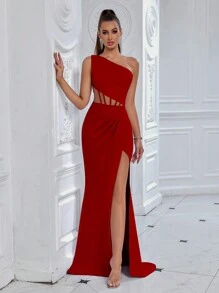 ADYCE 女士优雅单肩露腰镂空前开衩拖地派对礼服，适合舞会、生日派对、晚宴、约会、返校节派对、婚礼宾客、正式晚宴、家庭聚会等场合