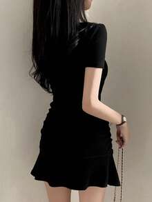 女士纯色收腰夏季短袖连衣裙 - 黑色 - 查看 2