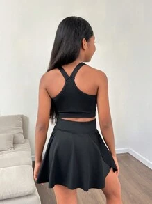 SHEIN Tween Girl's Casual Tennis Knitted Solid Color Tank & Skort Set, Spring/Summer - Black - View 2