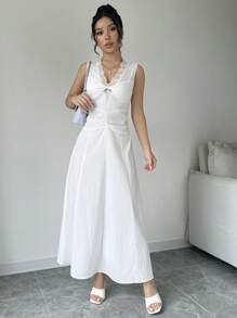 Chiquease 蕾丝拼接白色连衣裙