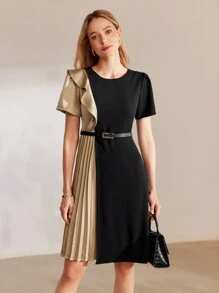 MOTF PREMIUM 拼色荷葉邊褶皺裙 - 黑色 - 查看 5