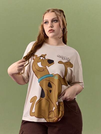 SCOOBY-DOO X SHEIN 大尺碼女性夏季休閒復古趨勢Milard Academy風格杏色卡通狗搗蛋印花寬鬆短袖T恤