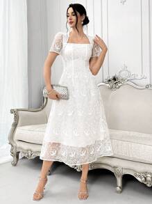 Modelyn Elegant Women's Summer Solid Color Embroidered Cinched Waist Dress - Apricot - View 3