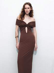 Maija 棕色露肩扭褶镂空修身女式连衣裙 - 咖啡 - 查看 6