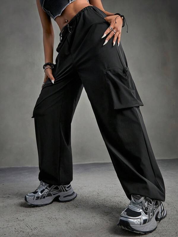 SHEIN Sports Pantalones jogger de mujer de estilo deportivo de unicolor para deportes al aire libre con cintura y puños ajustables con cordón