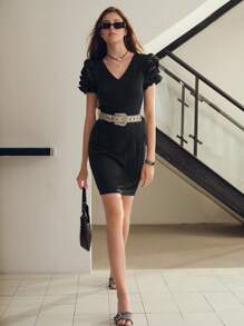 MOTF STUDIO RUFFLE TRIM FITTED DRESS