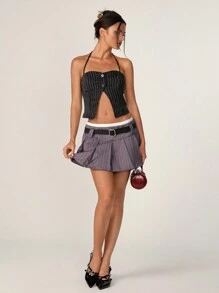 SHEIN Unity Gestreiftes Knopf Vorderseite Halter Top - Schwarz - Übersicht 4