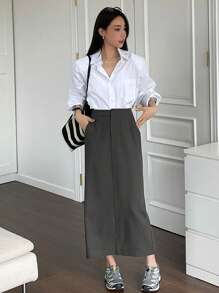 DAZY High Waist Split Back Skirt For Spring & Summer - Grey - View 2