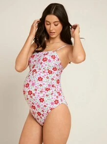 SHEIN Maternity Floral Print Cami One Piece Swimsuit Summer - Multicolor - View 1