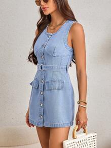 SHEIN LUNE Button Front Belted Denim Dress - Light Wash - View 6