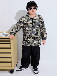 SHEIN 2pcs Tween Boys Extended Size Camo Printed Hooded Pullover And Cuffed Sweatpants Suit,Back-To-School Autumn Casual Loose Top Set For Daily Leisure - Multicolor - View 1