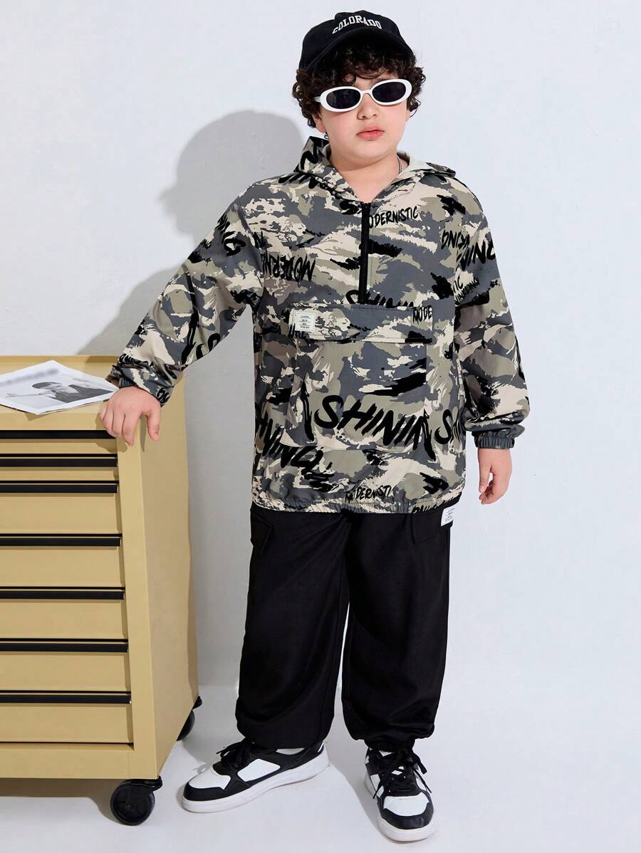 SHEIN 2pcs Tween Boys Extended Size Camo Printed Hooded Pullover And Cuffed Sweatpants Suit,Back-To-School Autumn Casual Loose Top Set For Daily Leisure - Multicolor - View 1