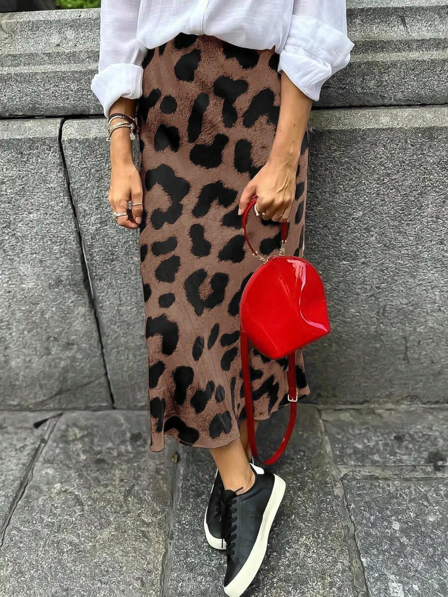 SHEIN LUNE 夏季豹纹直筒裙,女士优雅中长款常规款自然咖啡棕色全身印花,豹纹,纹理图案女式裙子,春季/秋季,休闲日常穿着 - 咖啡棕 - 查看 1
