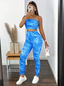 Zolique Bộ đồ hai mảnh nữ Chia Đá hoa Gợi cảm - Xanh đậm - Xem 3