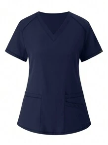Women's Matte Stretch Jogging Nurse Uniform Scrub Top And Pants Set With Pockets, Breathable Brush Hand Clothing