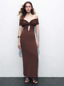 Maija 棕色露肩扭褶镂空修身女式连衣裙 - 咖啡 - 查看 5