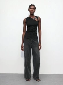 Maija 2025 Spring/Summer & Early Autumn Independence Day July Outfit Women's Black Fitted Strap Decor Design Modern Urban Chic Versatile Top, Black Hollow-Out PU Leather Decor Sleeveless Modern Urban Casual Women Apparel