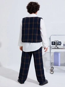 SHEIN 3pcs Kids Tween Boys Extended Size Casual Turn-Down Collar Long Sleeve Solid Color Shirt With Tie, Plaid Vest And Woven Pants Set - Multicolor - View 9