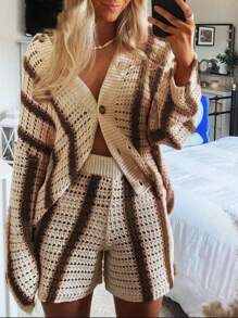 SHEIN LUNE Juego de suéter de punto con cardigan de rayas y pantalones cortos de punto con hombros caídos