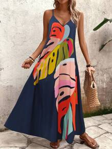 EMERY ROSE Đầm Maxi Mùa Hè In Hình Lá Cọ Cổ Chữ V Dây Đeo Spaghetti Cho Nữ Màu Khối - Màu xanh hải quân - Xem 4