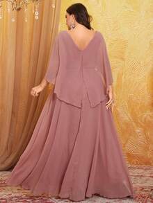 Vestido de dama de honor de gasa con cuello en V, mangas de murciélago, pliegues en el pecho y vuelo para mujer de talla grande - Rosa vieja - Ver 2
